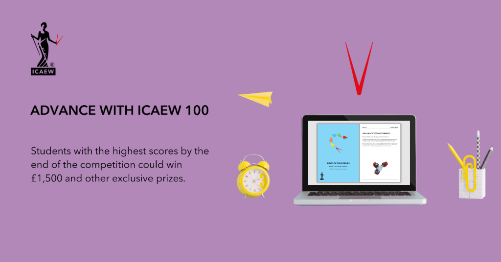 Purple background, text reading: "Advance with ICEAW 100. Students with the highest scores by the end of the competition could win £1,500 and other exclusive prizes." 